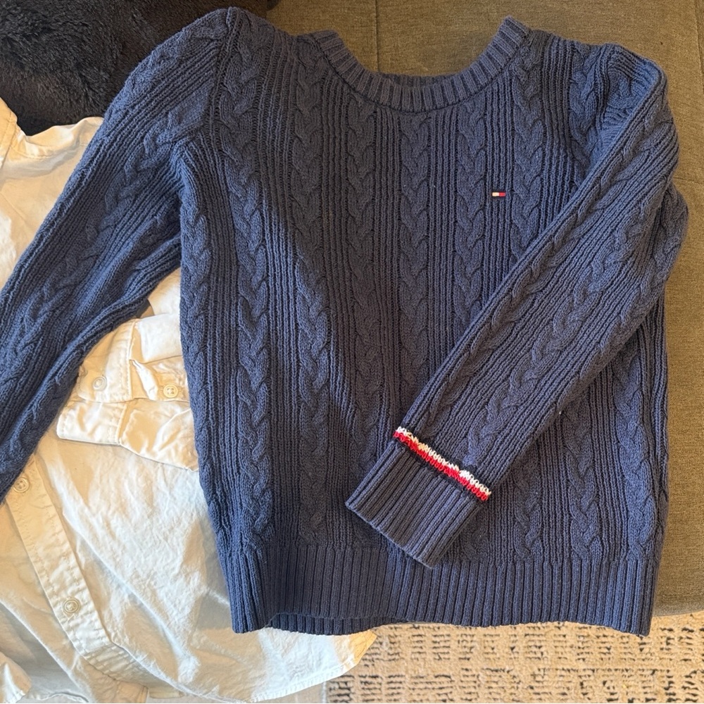 Tommy Hilfiger Boy Navy Cable Knit Sweater with White Button down long sleeve.